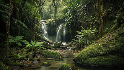 Serene waterfalls hidden within lush, green jungles.