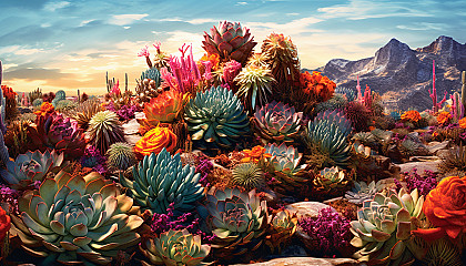 Vividly colored succulents in a desert landscape.