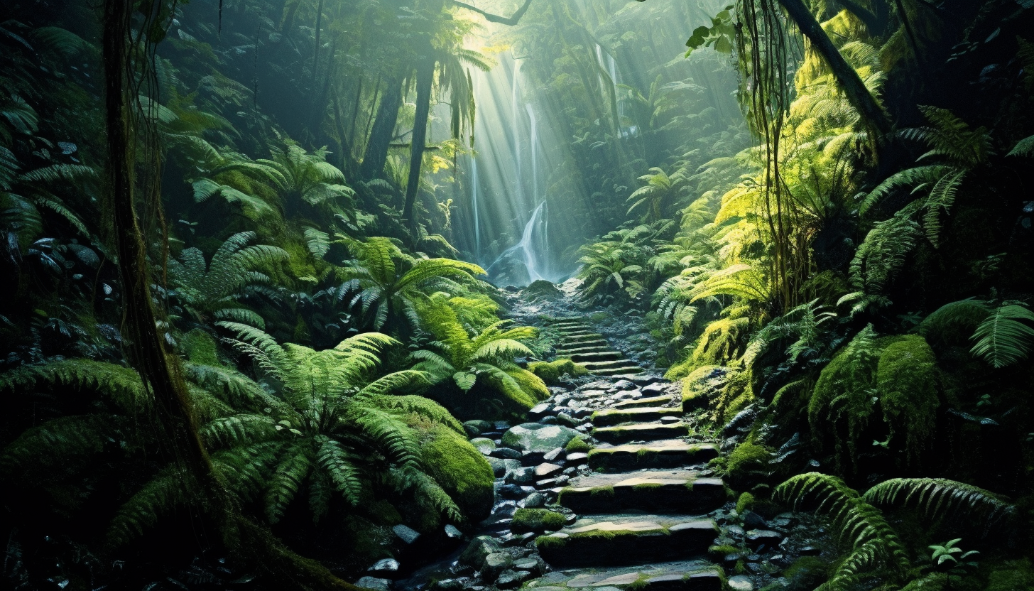 A zigzag path leading through dense ferns to a hidden waterfall.