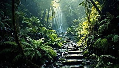 A zigzag path leading through dense ferns to a hidden waterfall.