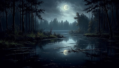 Moonlit reflection on a tranquil pond.