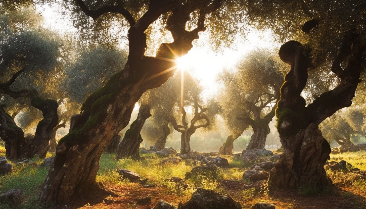 A grove of ancient, gnarled olive trees on a sun-soaked hillside.