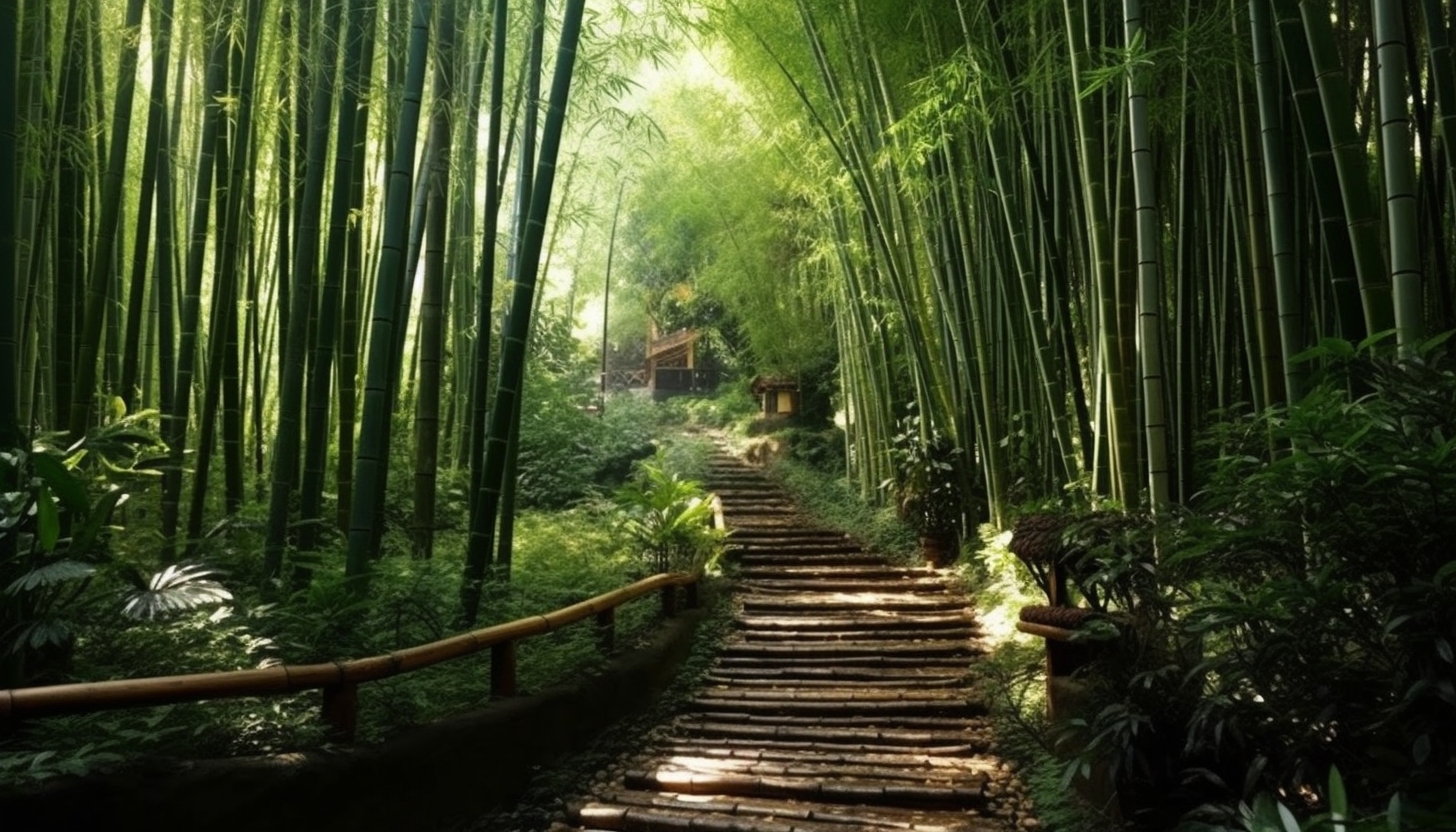 A path winding through a dense bamboo forest.