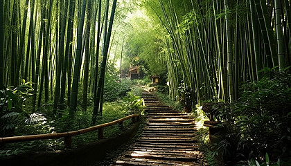 A path winding through a dense bamboo forest.