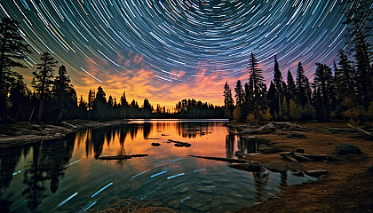 Star trails circling the night sky above a serene lake.