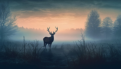 The silhouette of a deer in a misty meadow at dawn.