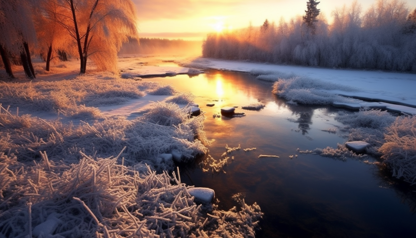 Frosted landscapes glittering under the morning sun.