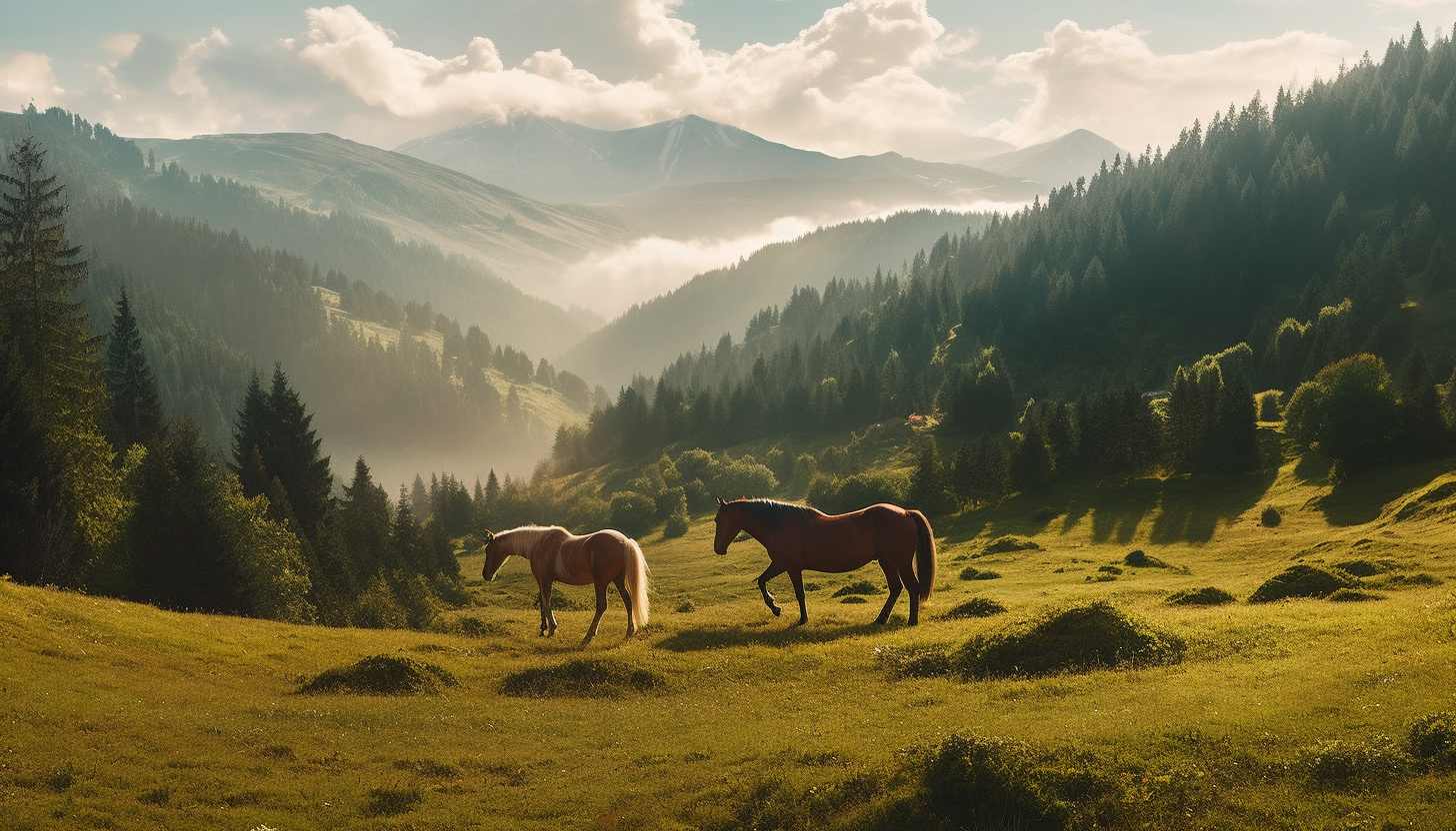 Wild horses grazing on a lush mountain meadow.