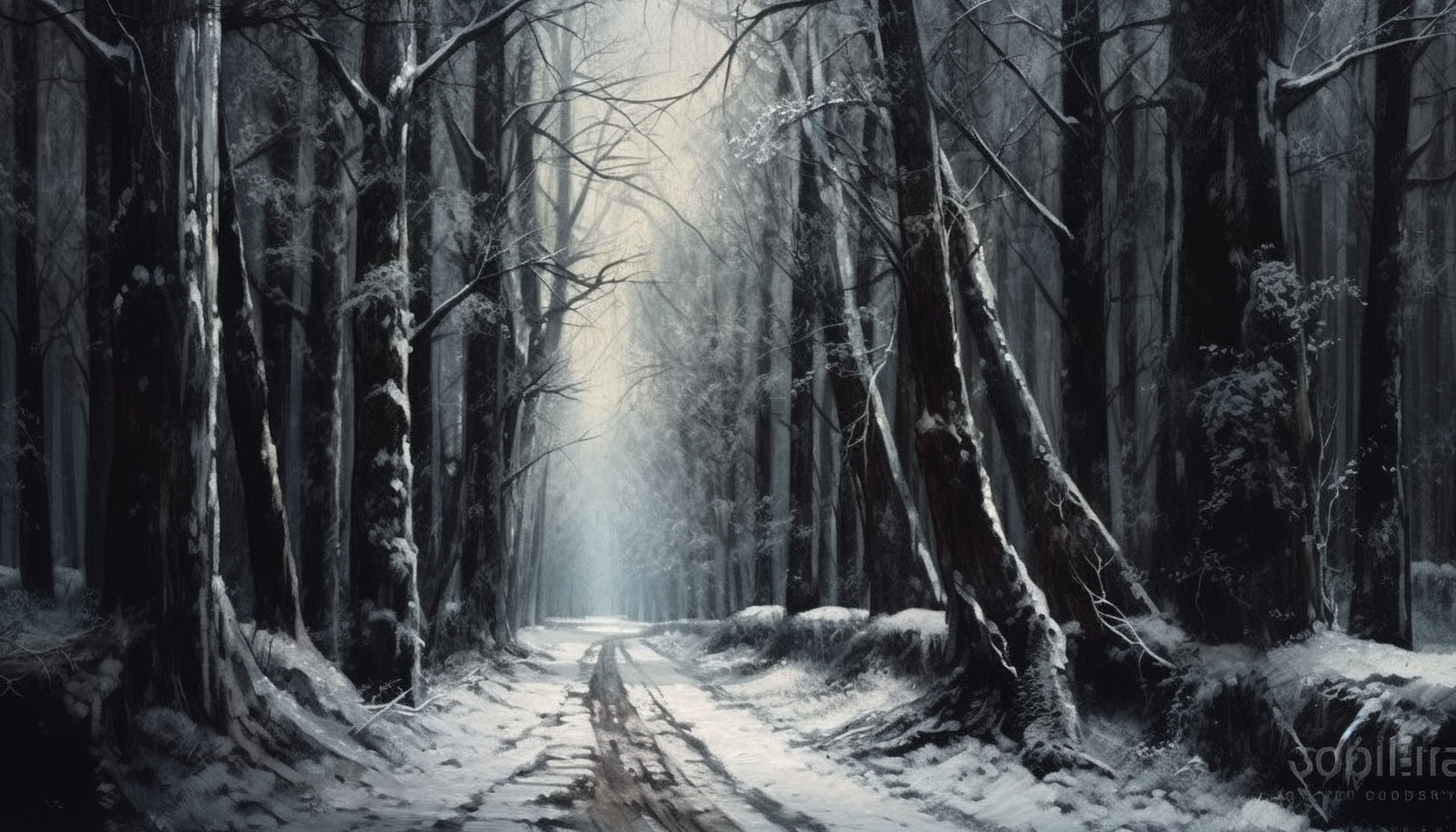 Snow-capped trees lining a quiet winter path.