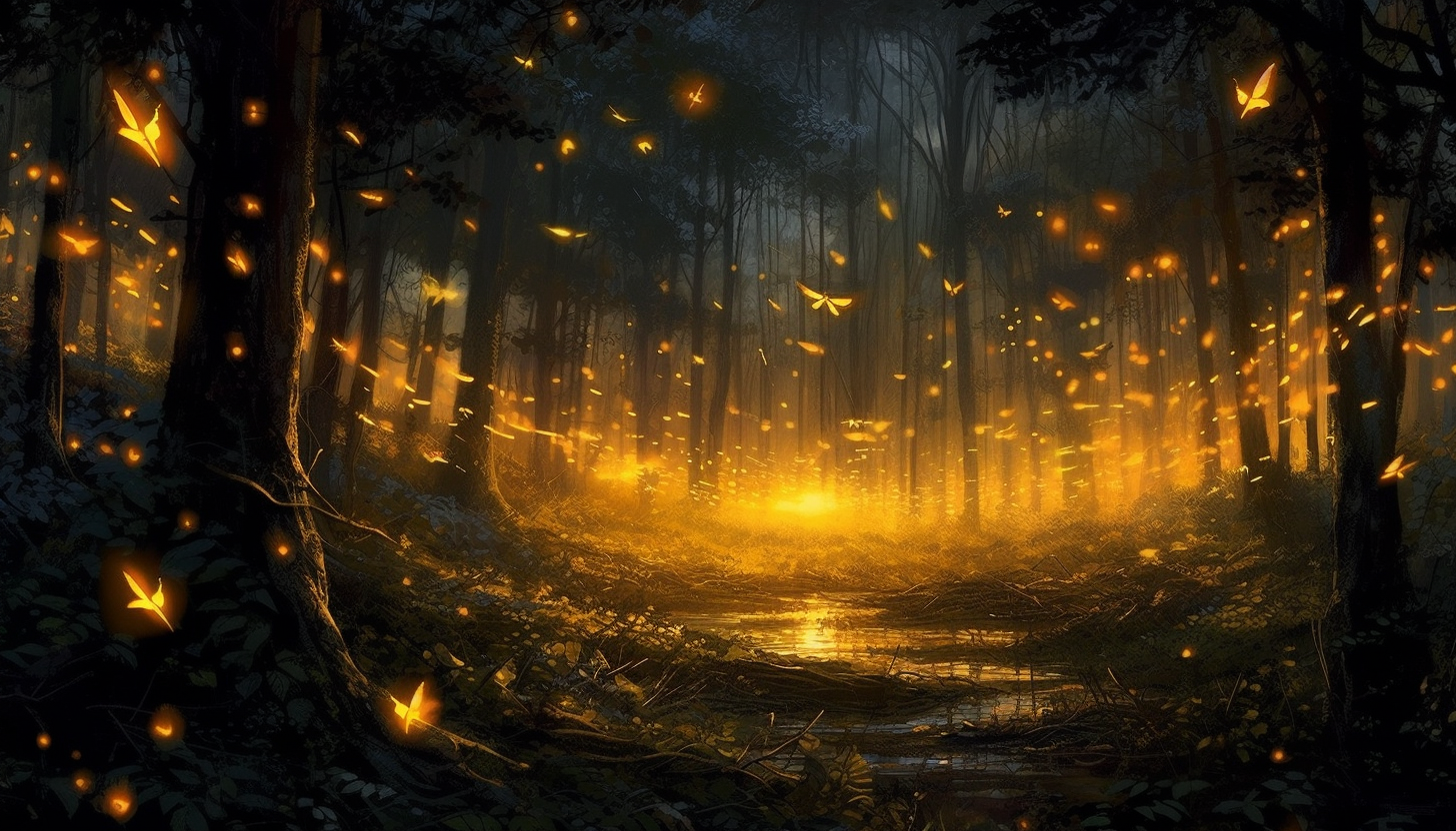 A swarm of fireflies illuminating a twilight forest.