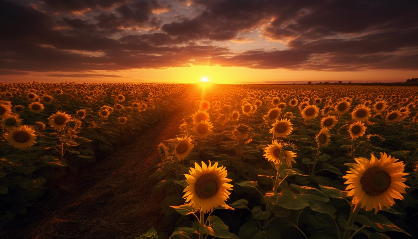 A field of sunflowers turning towards the sun.