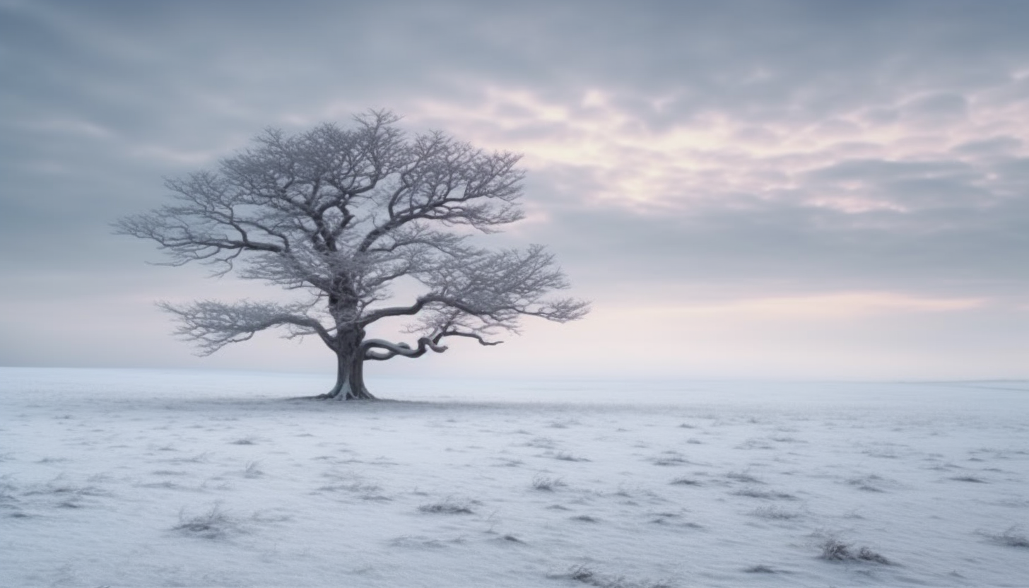 A solitary tree standing in the midst of a snow-covered field.