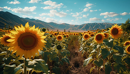 A field of sunflowers turning towards the sun.