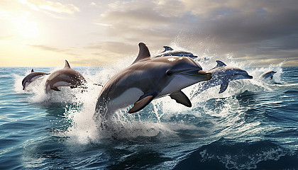 A pod of dolphins leaping in synchrony in the open ocean.