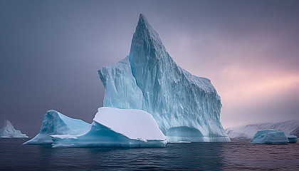 The dramatic sight of an iceberg drifting in the ocean.