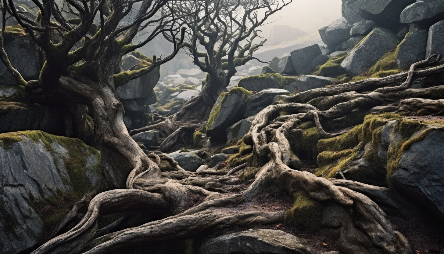 Gnarled tree roots breaking through a rocky landscape.