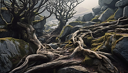 Gnarled tree roots breaking through a rocky landscape.