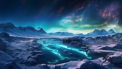 Icy tundra under the glow of the ethereal northern lights.