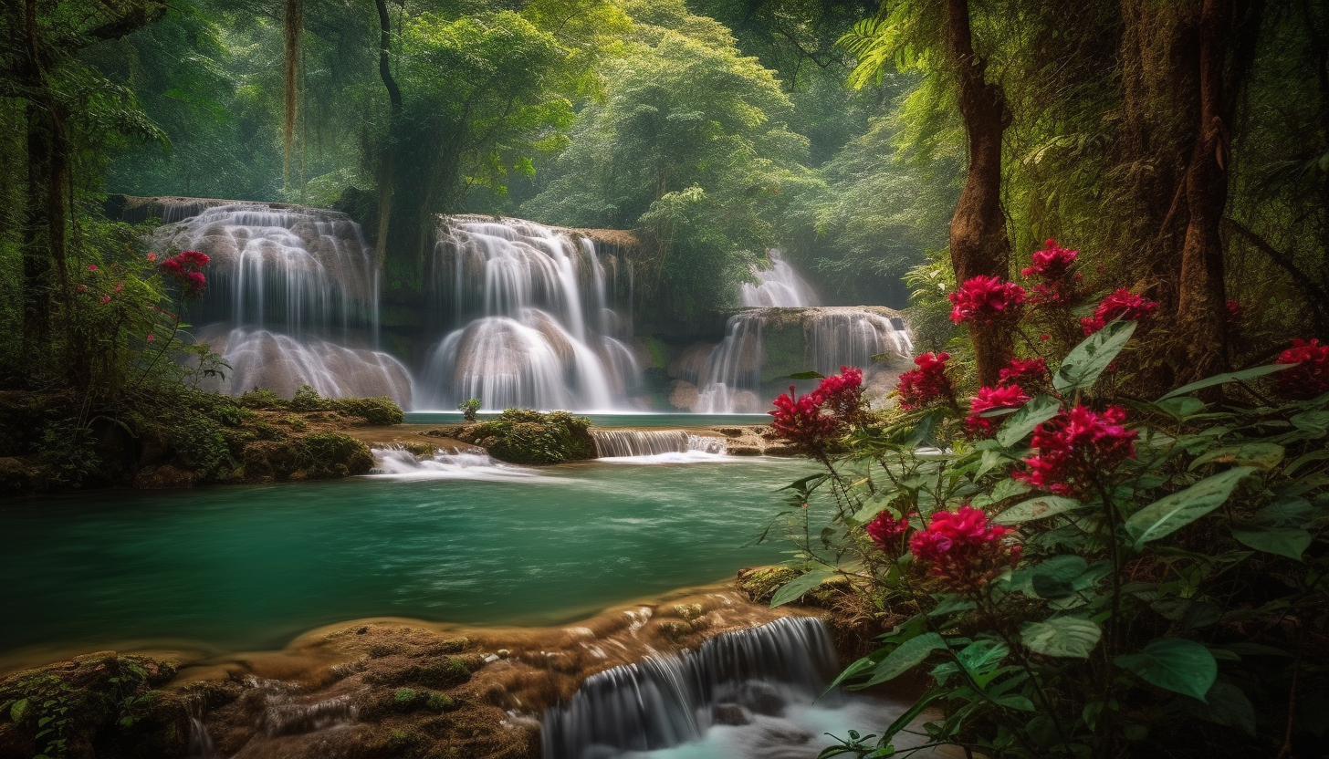 Serene waterfalls surrounded by lush greenery and vivid flowers.