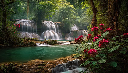 Serene waterfalls surrounded by lush greenery and vivid flowers.