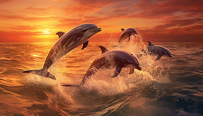 A pod of dolphins leaping in unison against a sunset horizon.