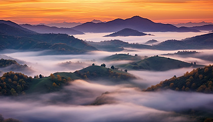 Mist rolling over the hills at dawn.