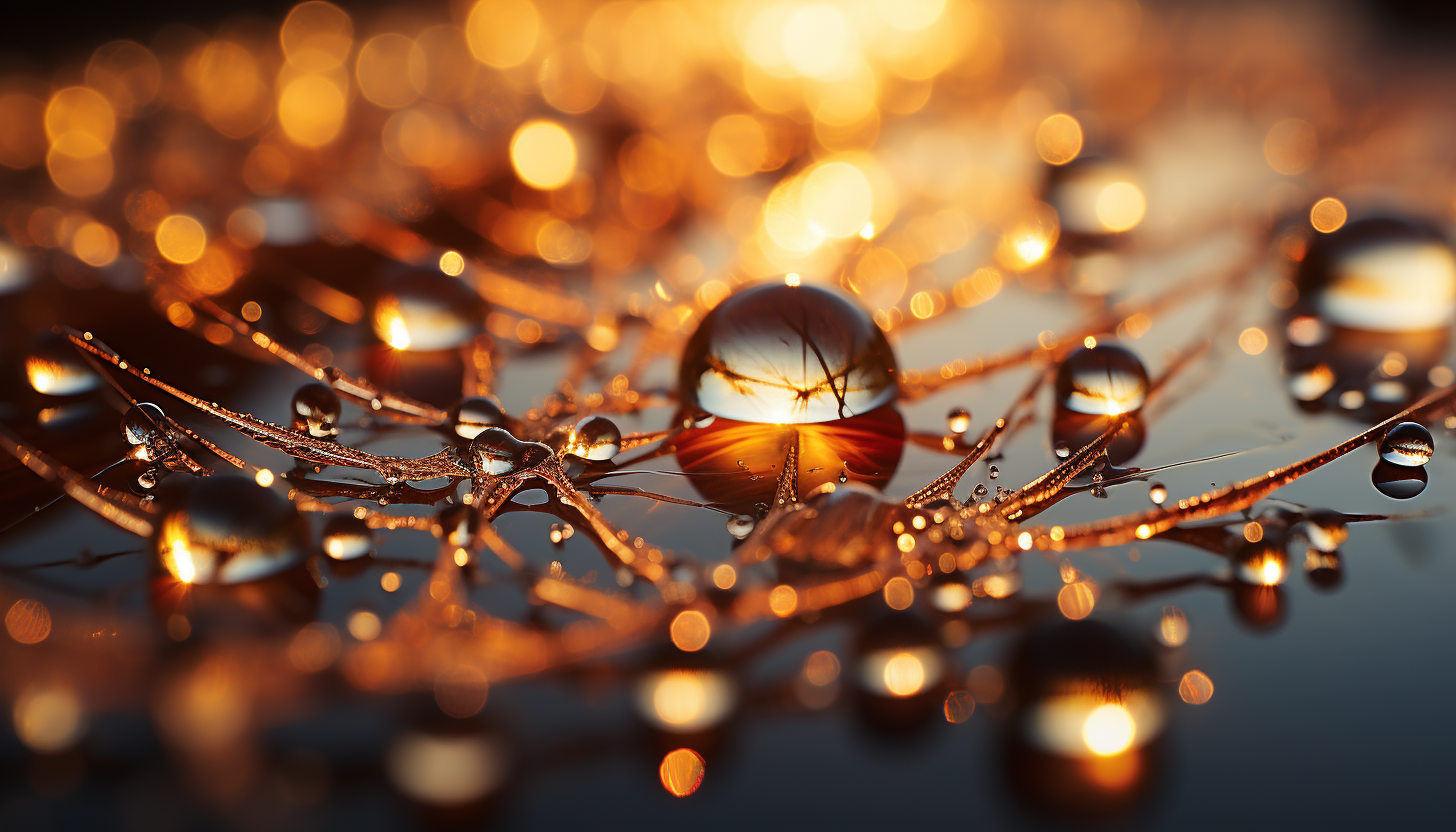 A close-up of dew drops clinging to a spider web, reflecting the morning sun.