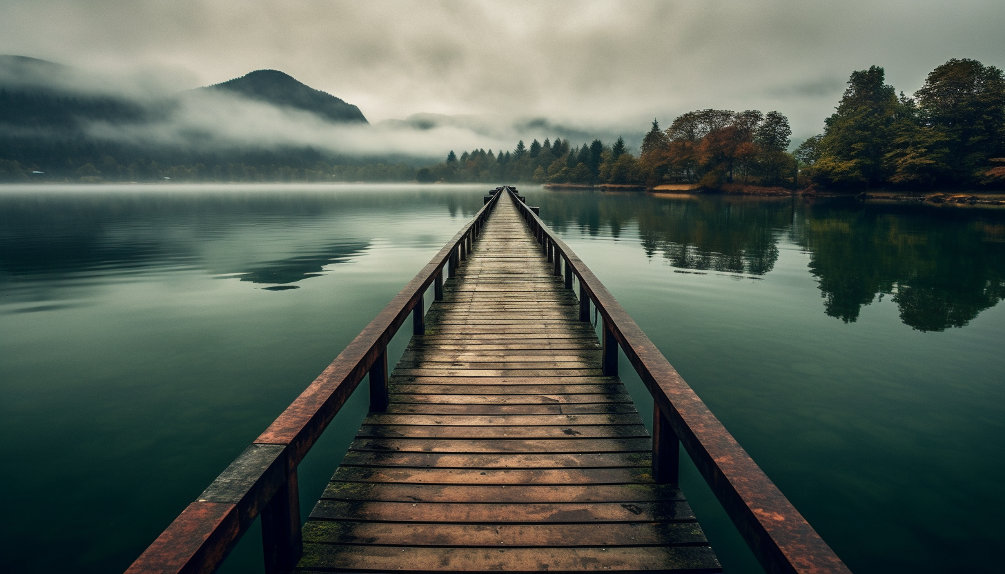 A long, narrow jetty extending out into a serene lake.