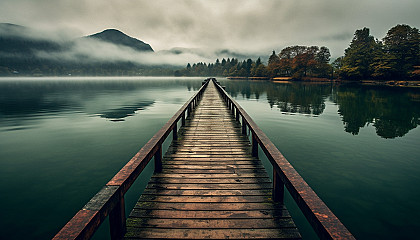 A long, narrow jetty extending out into a serene lake.