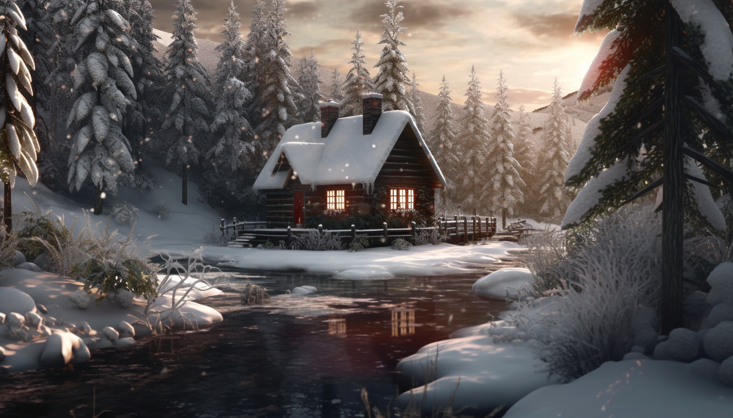 A quiet, snowy scene featuring a cabin nestled among evergreens.