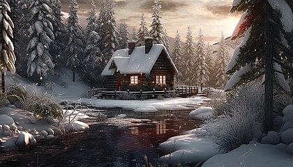 A quiet, snowy scene featuring a cabin nestled among evergreens.