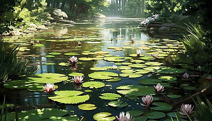 A quaint, tranquil pond filled with water lilies.