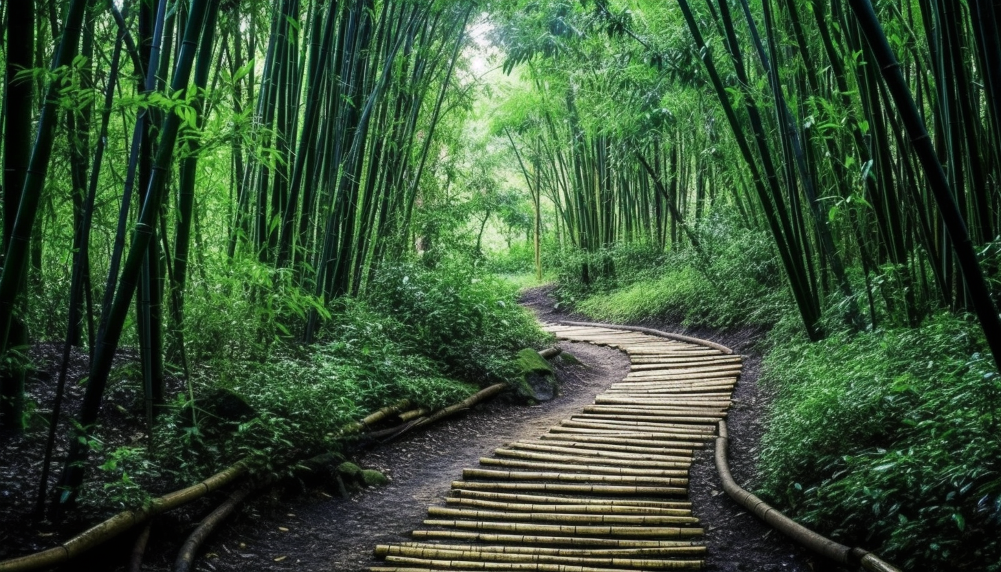 A winding path disappearing into a thick bamboo forest.