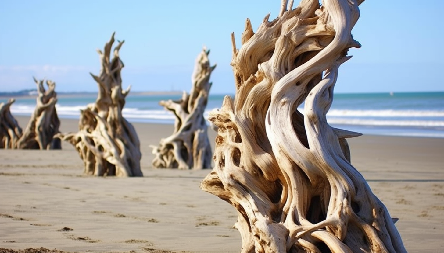 Driftwood sculptures naturally formed on a sandy beach.