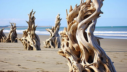 Driftwood sculptures naturally formed on a sandy beach.