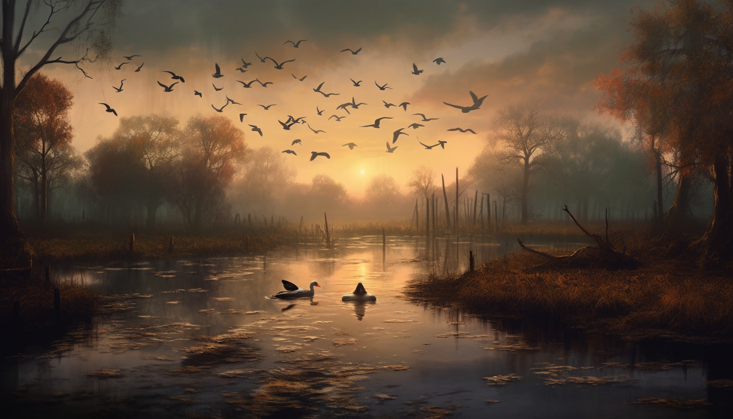 Flocks of birds taking flight over a serene wetland.