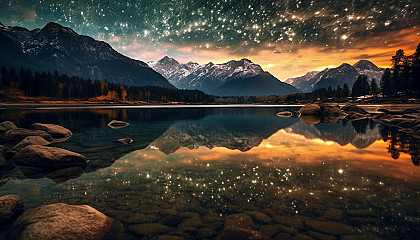 Stars reflected in a placid alpine lake.