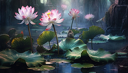 Lotus flowers blooming in a tranquil pond.