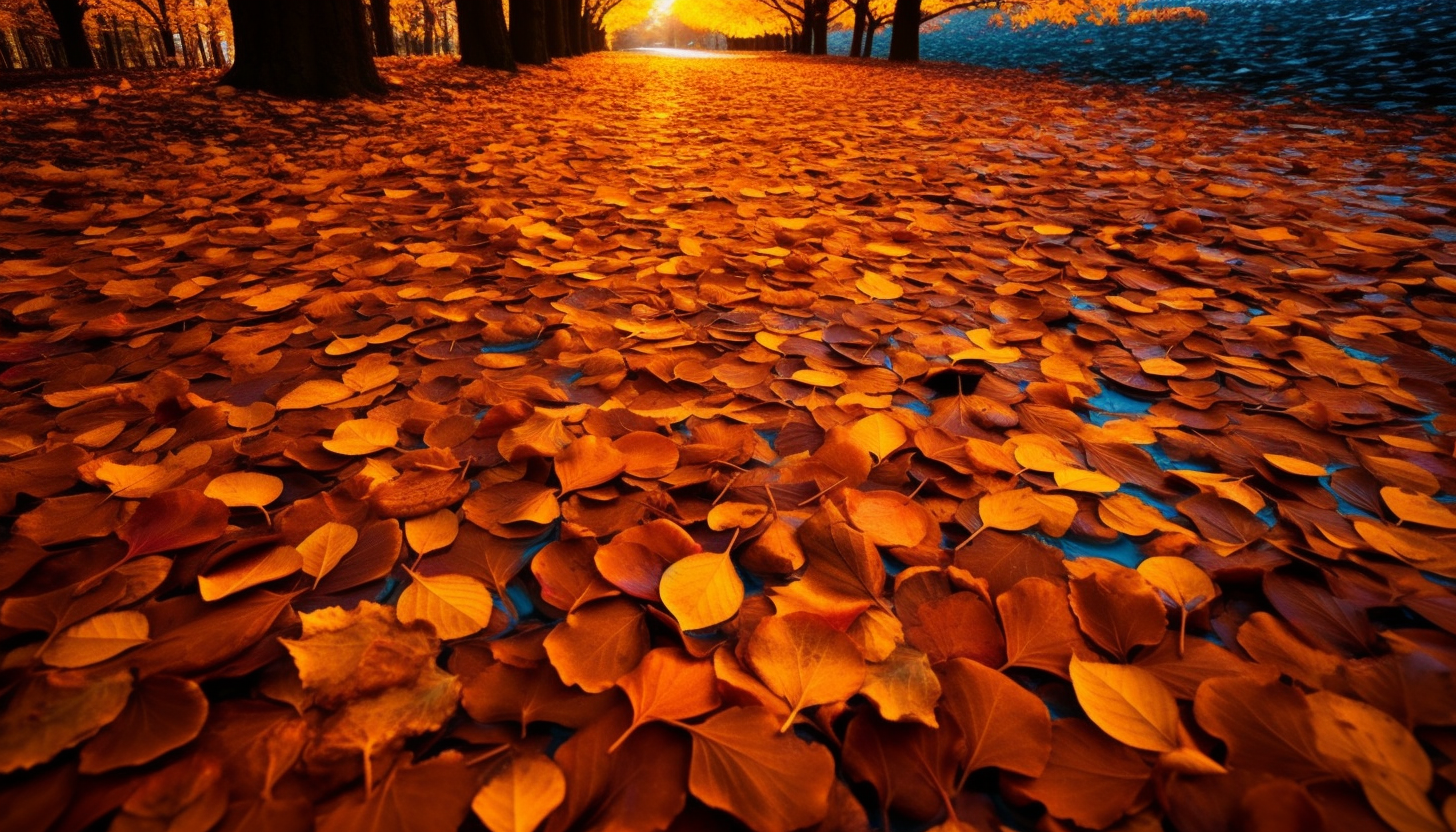 Brilliantly colored leaves carpeting the ground in autumn.