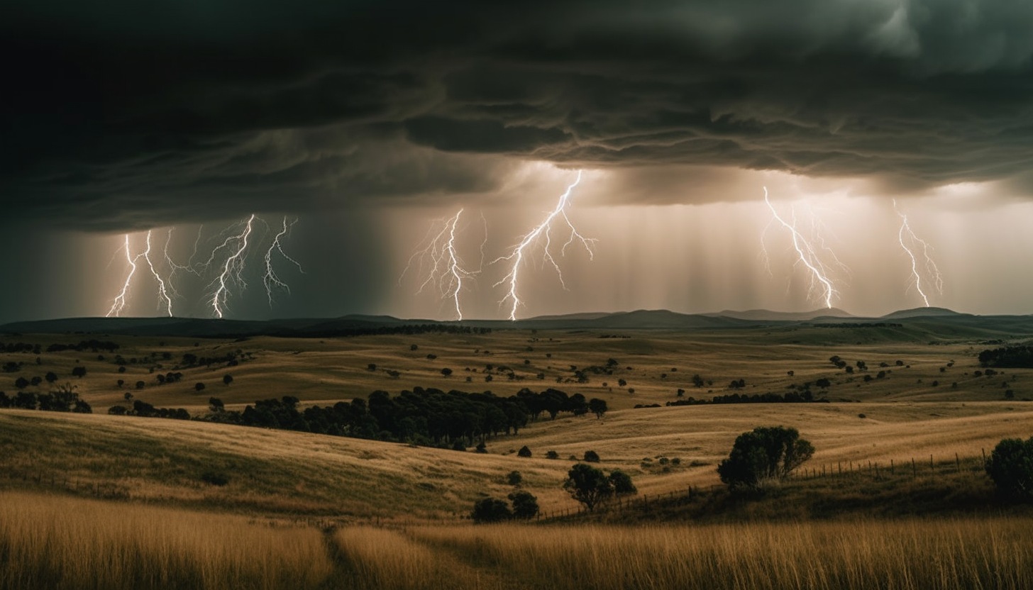 Stormy skies capturing the raw power of nature, with lightning strikes and swirling clouds.