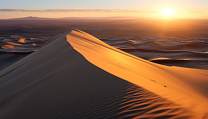 A sea of sand dunes glowing under a setting sun.