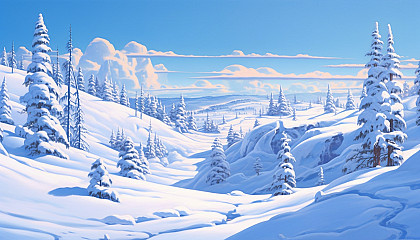A pristine snowscape, untouched and serene under the winter sun.
