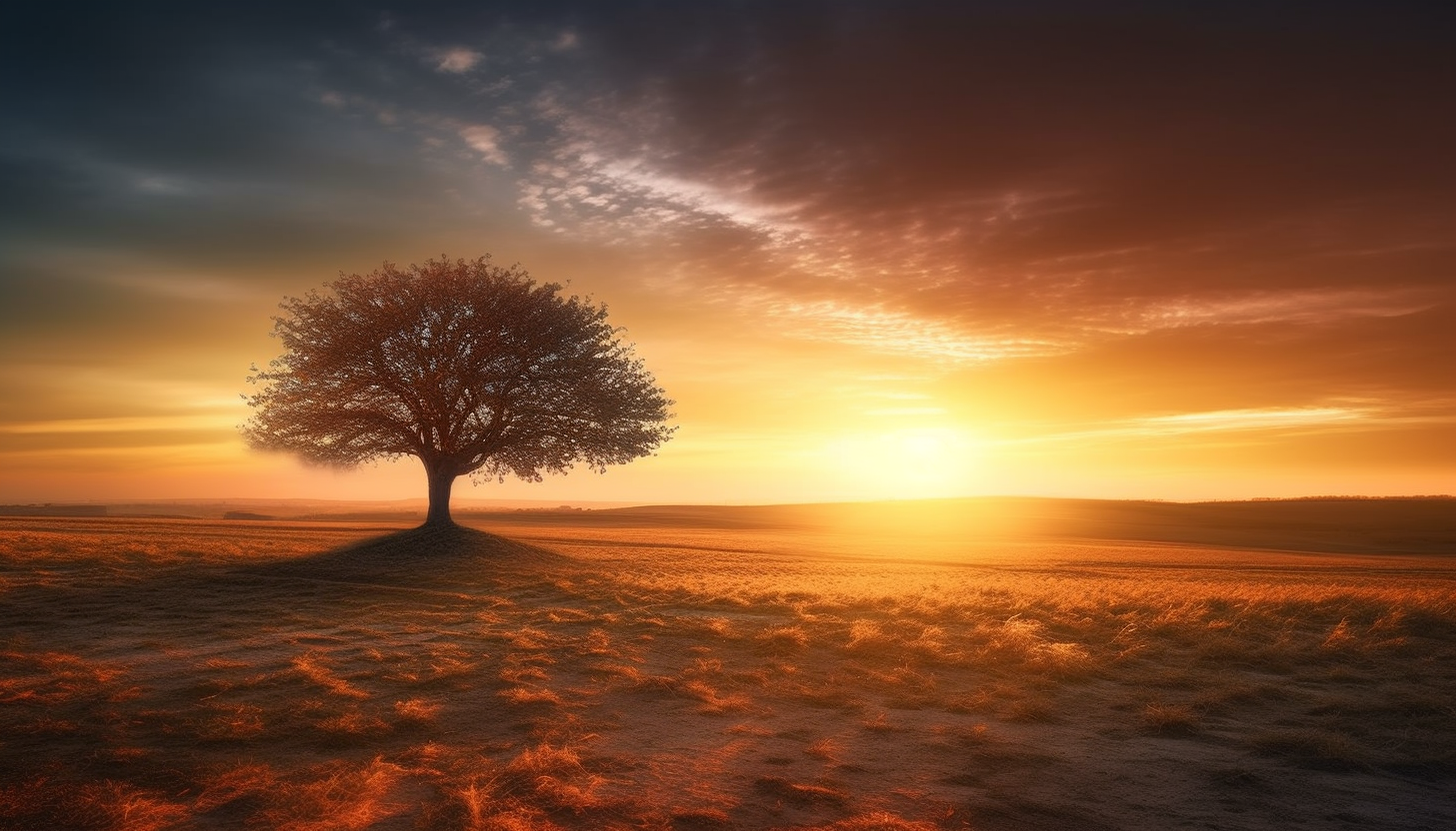 A solitary tree standing tall on the horizon as the sun sets.