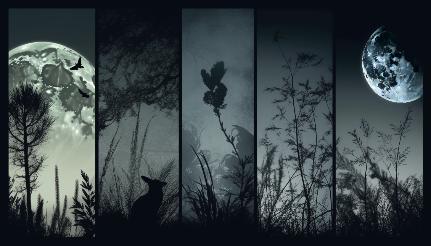 Moonlit nights with silhouettes of plants, animals, or natural structures.