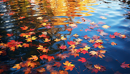 Brightly colored autumn leaves floating on a placid pond.