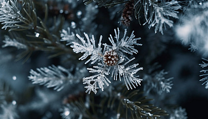 Snowflakes settling on pine needles during a quiet snowfall.