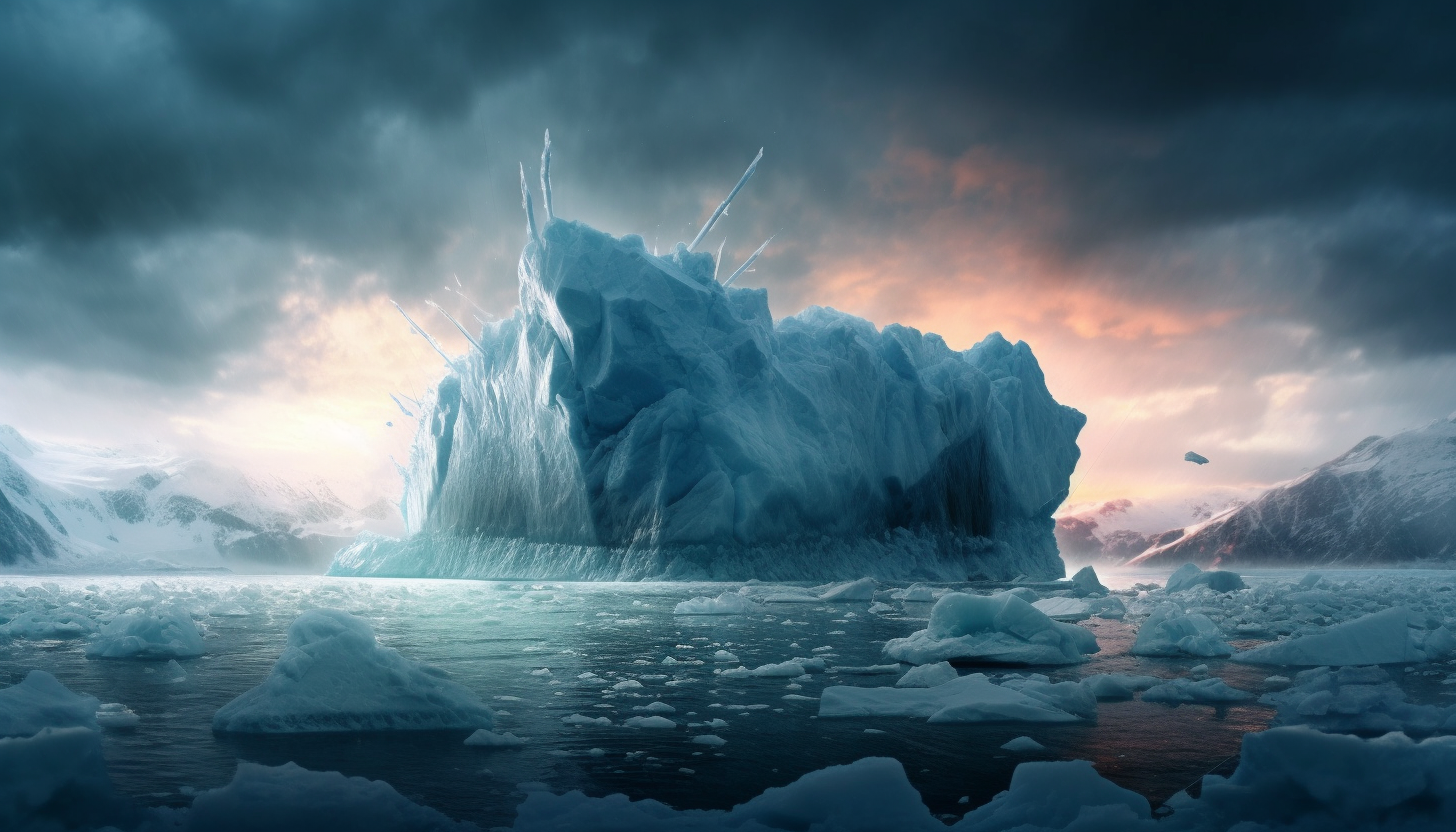 A glacier calving into a frigid sea.