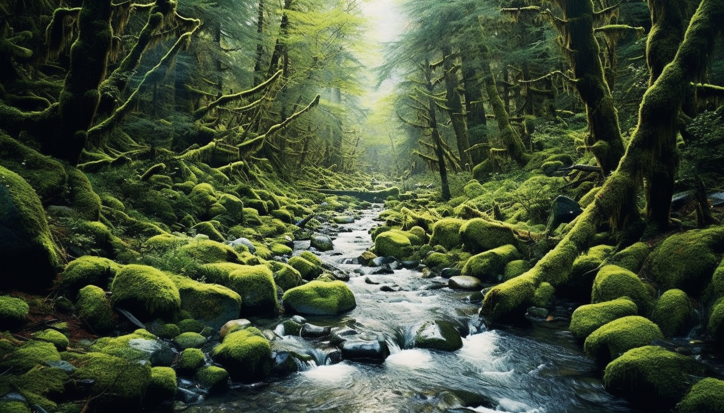 Bubbling brooks meandering through a mossy forest.