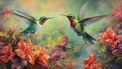 Hummingbirds darting around a colorful garden.