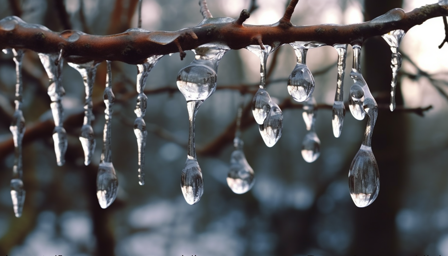 Glistening icicles hanging from a tree branch.